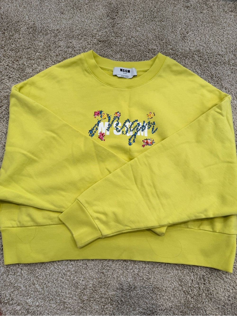MSGM Yellow Crewneck Sweatshirt with Floral Logo Made in Italy